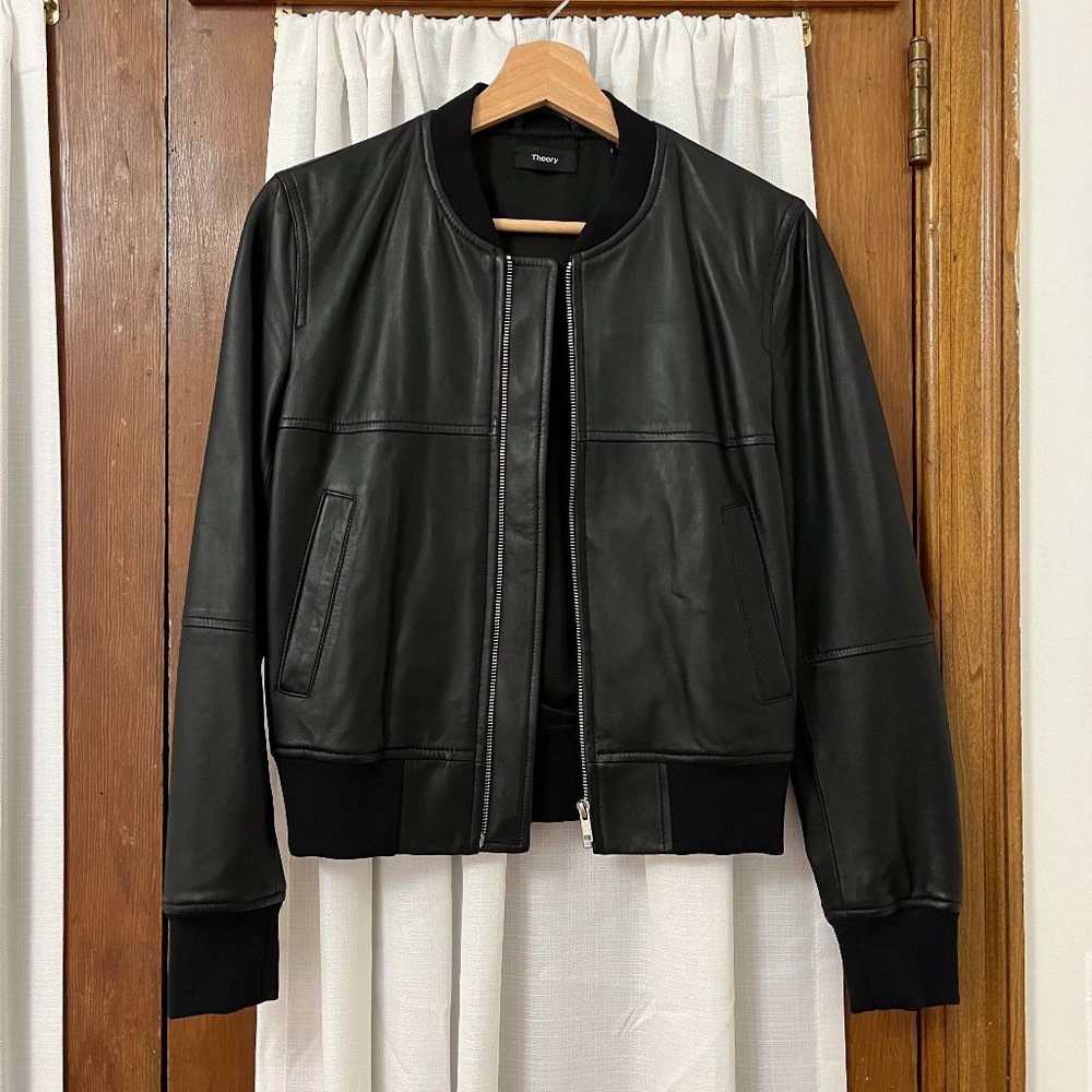 Theory Black Leather Bomber Jacket- Daryette Rhodes